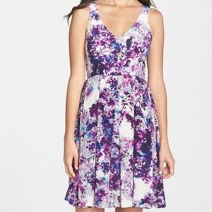 Kaya & Sloane purple, blue and grey all over floral A-line short tank dress